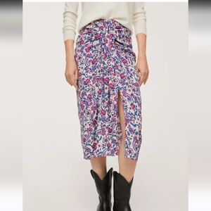 MANGO NWT Knot Printed Skirt Floral Paisley With Front Slit Size XXS